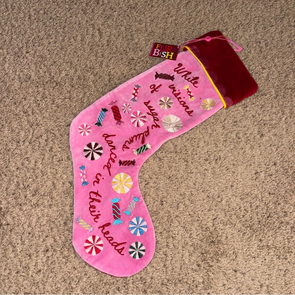 New Anthropologie x FURBISH Sugar Plums Pink Embroidered Stocking Christmas - Picture 2 of 2